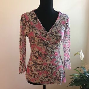 Sweet Pea by Stacy Frati sheer mesh floral surplice long-sleeve top, size L